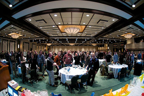 View from stage of the PHP Québec attendees participating in a change blindness experiment during the closing keynote.